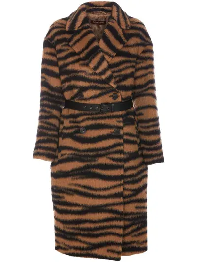 Max Mara Tiger-print Coat In Brown