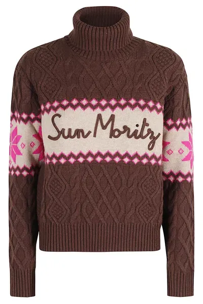 Mc2 Saint Barth Woman Half-turtleneck Sweater With Sun Moritz Lettering In Brown