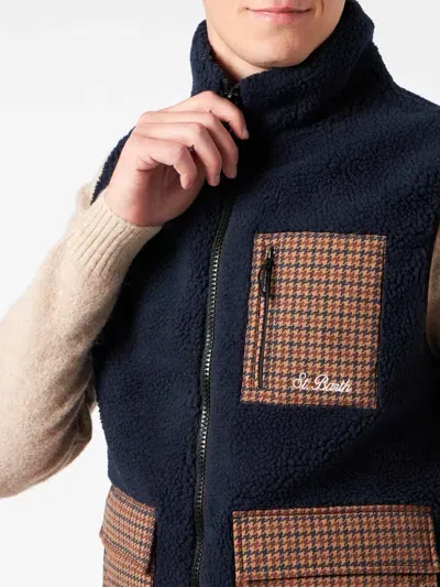 Mc2 Saint Barth Man Blue Sherpa Vest Jacket With Check Patch Pockets