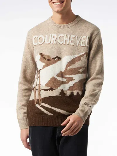 Mc2 Saint Barth Man Crewneck Donegal Sweater Courchevel Postcard Jacquard Print In Brown