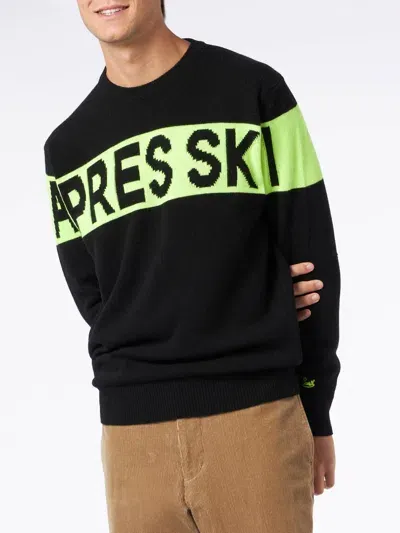 Mc2 Saint Barth Man Crewneck Sweater With Après Ski Jacquard Print In Black