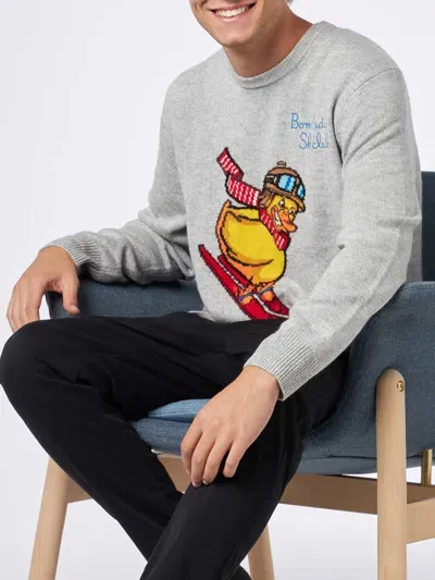 Mc2 Saint Barth Man Crewneck Sweater With Crypto Ducky Jacquard Print Crypto Puppets Special Edition In Grey