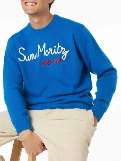 Mc2 Saint Barth Man Crewneck Sweater With Sun Moritz Après Ski Embroidery In Sky