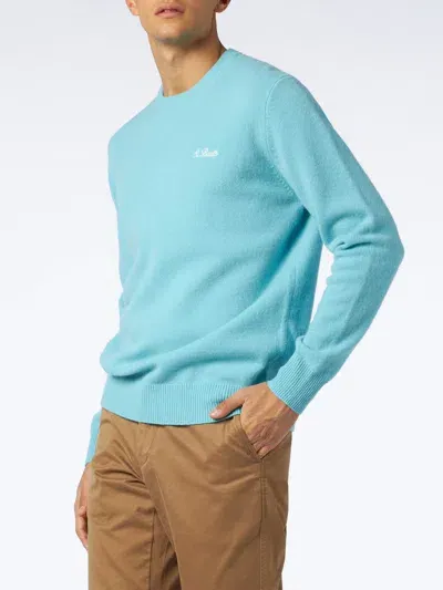 Mc2 Saint Barth Man Crewneck Water Green Sweater With St. Barth Embroidery In Blue