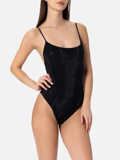 Mc2 Saint Barth Woman Black One-piece Swimsuit Cecille With Rhinestones