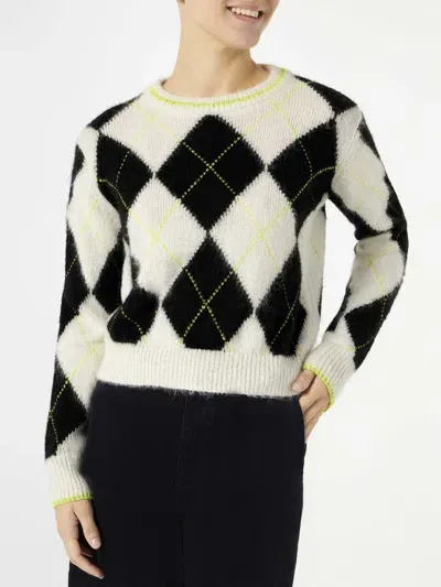 Mc2 Saint Barth Woman Brushed Cropped Sweater With Argyle Pattern In Black