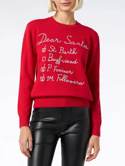 Mc2 Saint Barth Woman Brushed Sweater With Dear Santa List Embroidery In Red