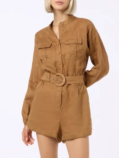 Mc2 Saint Barth Woman Camel Linen Playsuit Hanniel In Brown