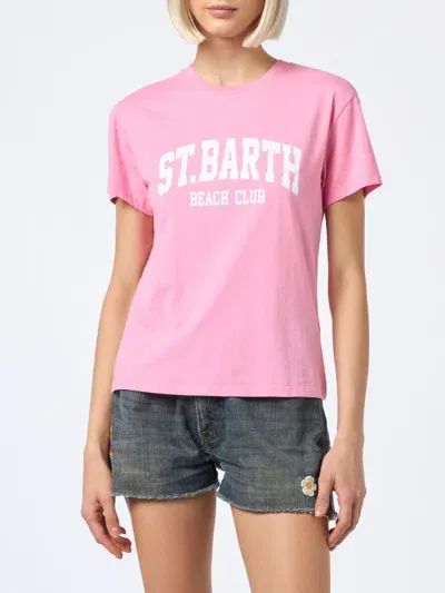 Mc2 Saint Barth Woman Cotton Jersey Crewneck T-shirt Emilie With Saint Barth Beach Club Print In Pink