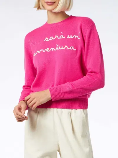 Mc2 Saint Barth Woman Crewneck Fluo Pink Sweater With Non Sarà Unavventura Embroidery Niki Dj Special Edition