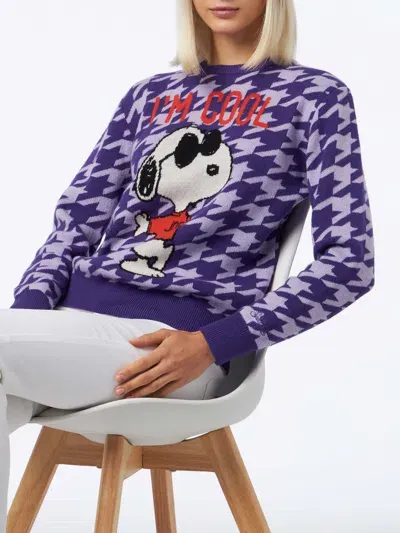 Mc2 Saint Barth Woman Crewneck Pied De Poule Sweater With Snoopy Print Snoopy Peanuts Special Edition In Pink