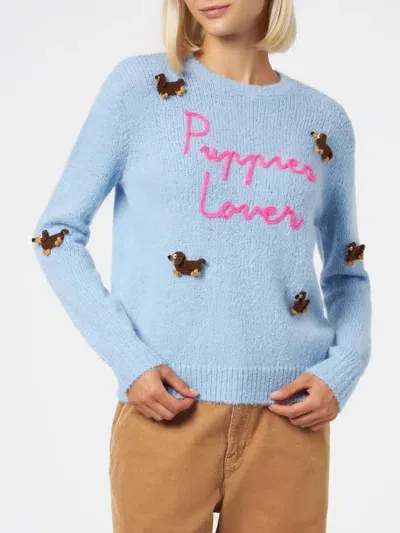 Mc2 Saint Barth Woman Crewneck Soft Sweater With Dogs Crochet Patch And Puppies Lover Embroidery In Sky