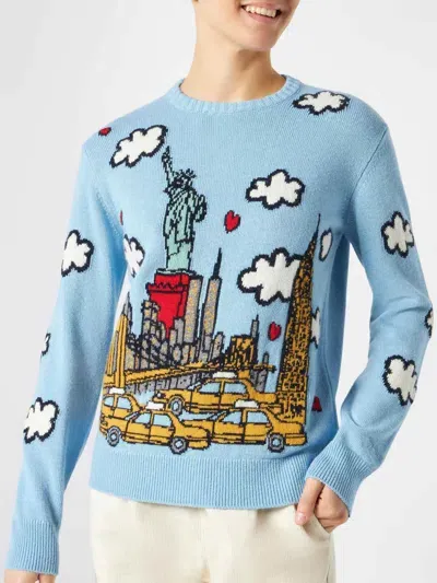 Mc2 Saint Barth Woman Crewneck Sweater With New York Postcard In Sky