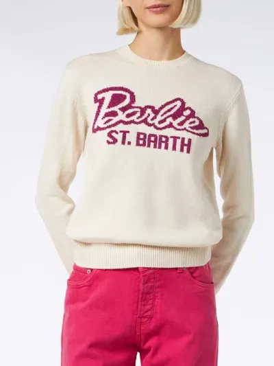 Mc2 Saint Barth Woman Crewneck White Sweater With Barbie Print Barbie Special Edition