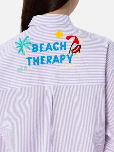 Mc2 Saint Barth Woman Striped Print Cotton Over Shirt Brigitte With Front And Back Beach Therapy Embroidery In Pink