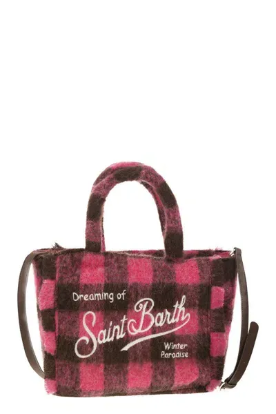 Mc2 Saint Barth Wooly Colette Handbag With Fringes And Check Pattern In Fuxia/brown