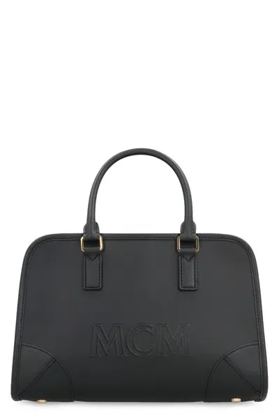 Mcm Medium Leather Boston Bag With Detachable Strap In Black