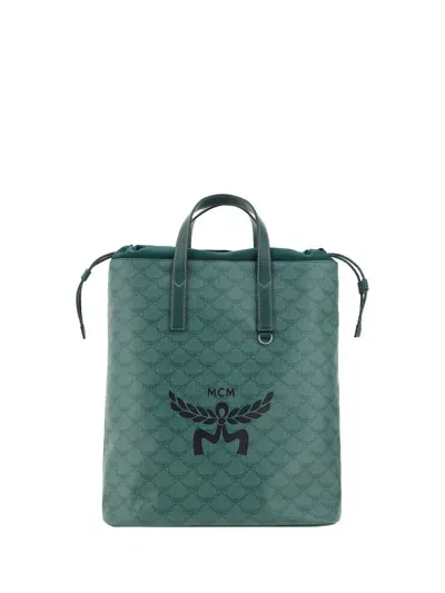 Mcm Brand Print Drawstring Backpack In Forest Green / Black