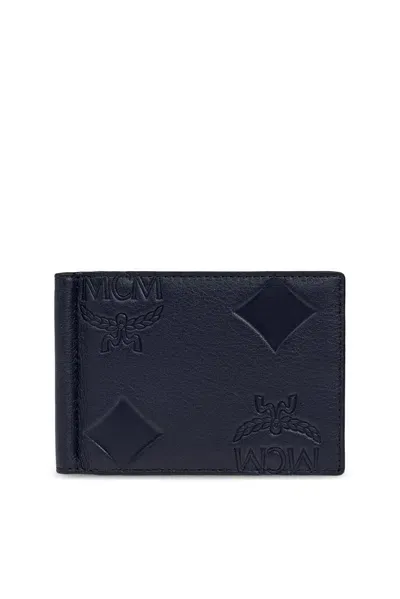 Mcm Logo Embossed Bifold Wallet In Navy