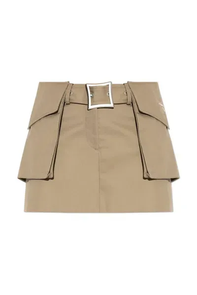 Mcm Logo Embroidered Belted Mini Skirt In Beige