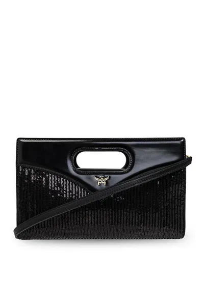 Mcm Sequinned Panelled Top Handle Bag In Black