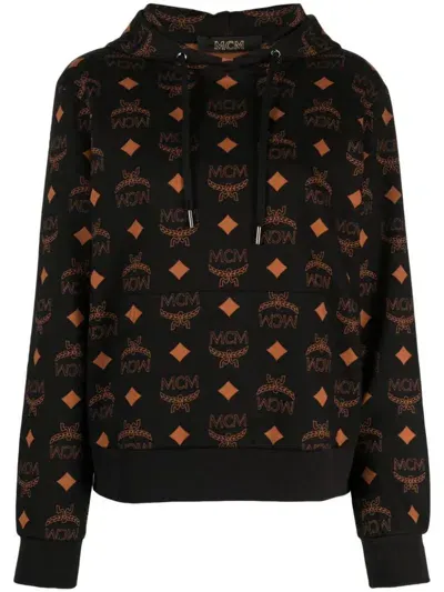 Mcm Monogram-print Cotton Hoodie In Black