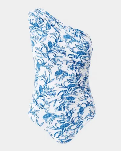 Melissa Odabash Leaf Arizona Ruched Asymmetric One-piece Swimsuit In Blue Leaf