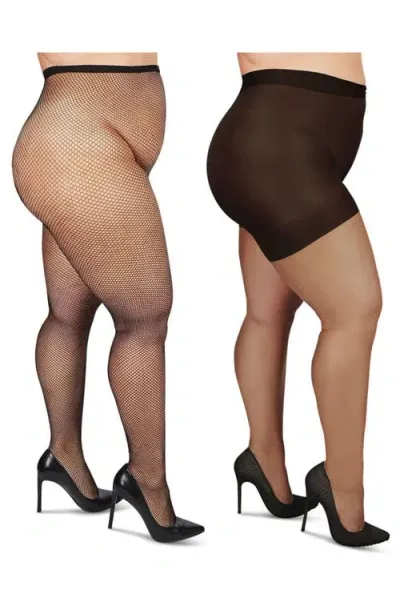 Memoi Assorted 2-pack Fishnet & Sheer Tights In Black