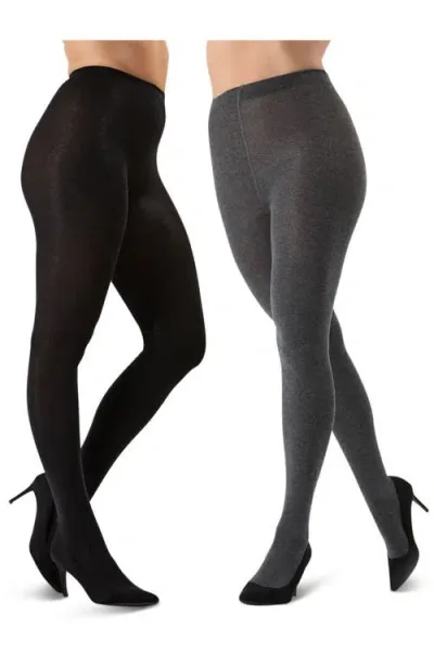 Memoi Assorted 2-pack Flat Knit Tights In Black/dark Gray