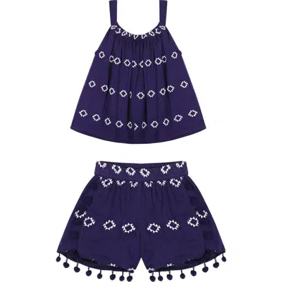 Mer St. Barth Babies'  Colette Top And Short Set In Navy Embroidery