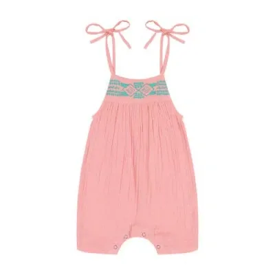 Mer St. Barth Babies'  Marley Shoulder Tie Romper In Pink Sorbet Embroidery