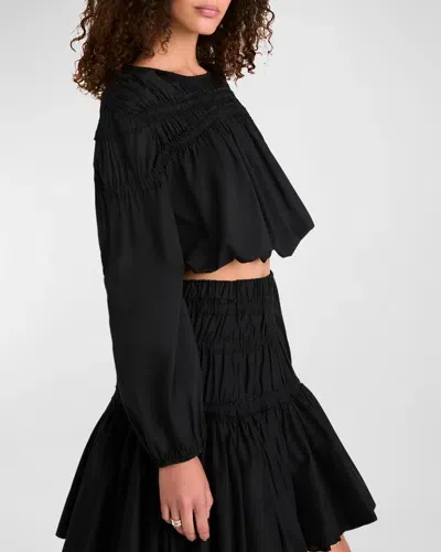 Merlette Ciel Smocked Blouson-sleeve Crop Top In Black