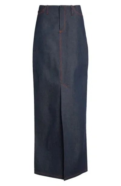 Meryll Rogge Front Slit Denim Maxi Skirt In Dark Blue