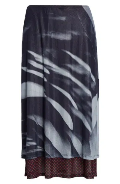 Miaou Maria Tiered Midi Skirt In Feather Print