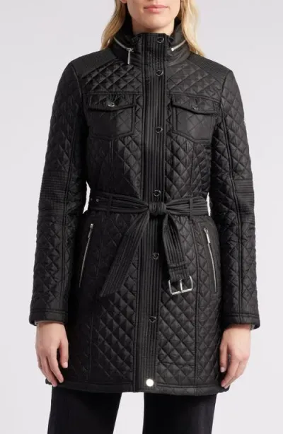 Michael Kors Belted Diamond Quilted Jacket With Stowaway Hood In Black