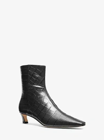 Michael Kors Cosmo Crocodile Embossed Leather Kitten Boot In Black