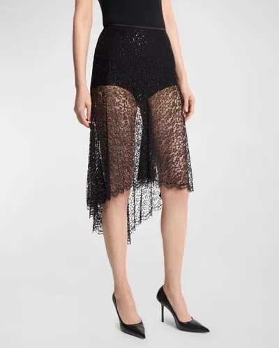 Michael Kors Embellished High-low Lace Skirt In Black