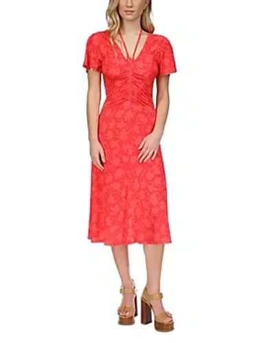 Michael Kors Flutter Sleeve Ruched Midi Dress In Deep Pink