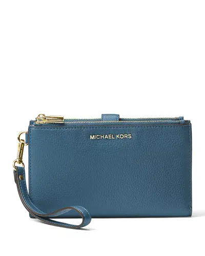 Michael Kors Michael  Adele Double Zip Leather Iphone 7 Plus Wristlet In Dark Chambray