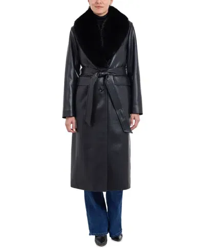 Michael Kors Faux Leather Robe Coat W Fx Fur Collar In Black