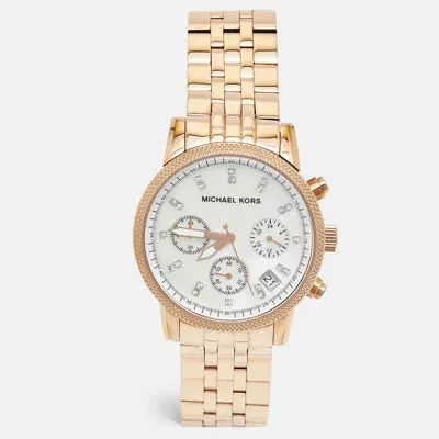 Pre-owned Michael Kors Mother Of Pearl Rose Gold Plated Stainless Steel Jet Set Mk5026 Women's Wristwatch 38 Mm In White