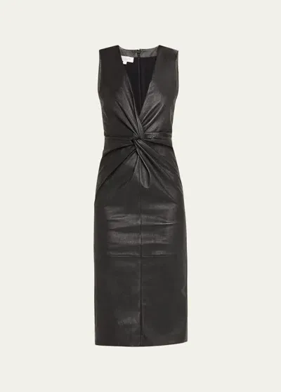 Michael Kors Twisted Front Sheath Leather Midi Dress In Black