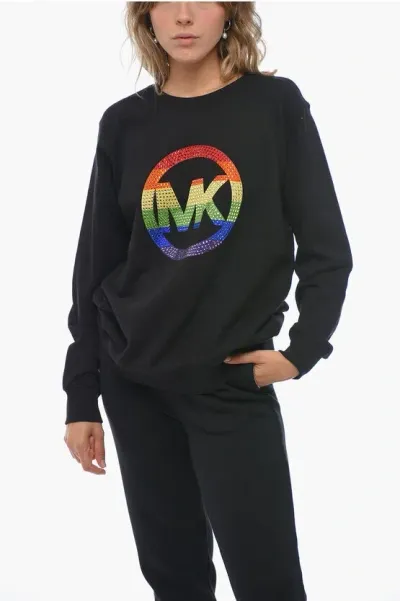 Michael Kors Unisex Printed Sweatshirt With Rhinestoned Detail In Black