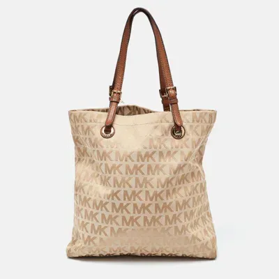 Pre-owned Michael Michael Kors Beige/brown Signature Canvas And Leather North South Tote