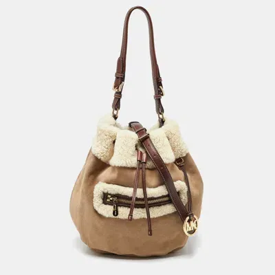 Pre-owned Michael Michael Kors Beige/brown Suede And Shearling Fur Bucket Bag