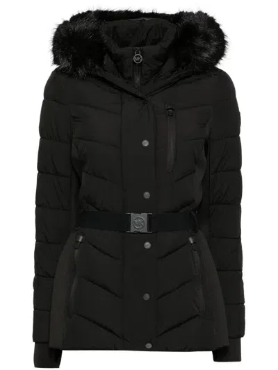 Michael Michael Kors Faux Fur Trim Scuba Coat In Black