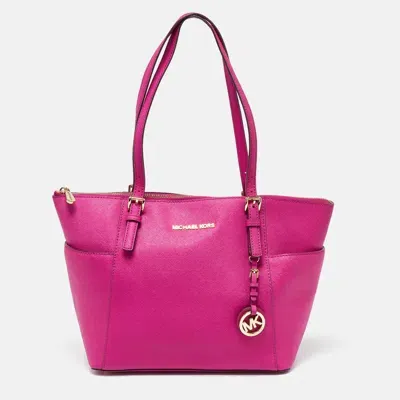 Pre-owned Michael Michael Kors Fuchsia Leather Jet Set Top Zip Tote In Pink