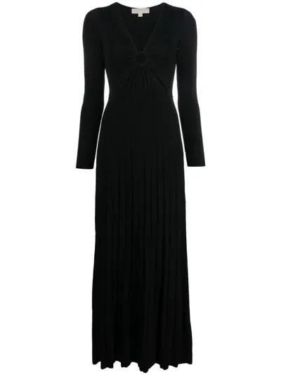 Michael Michael Kors Long Pleated Dress With Ring And Cut-out Detail In Viscose Blend Woman In Black