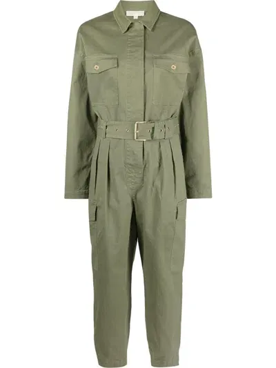 Michael Michael Kors Long-sleeve Belted Jumpsuit In Green