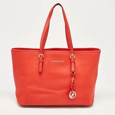 Pre-owned Michael Michael Kors Red Leather Large Jet Set Travel Tote